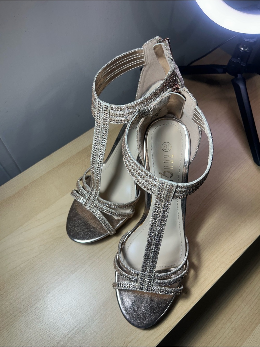 Women's Metallic Taupe T-Strap Evening Sandals
